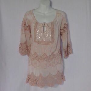 Italian Crochet Embroidery Pink Tunic Top Sz Large